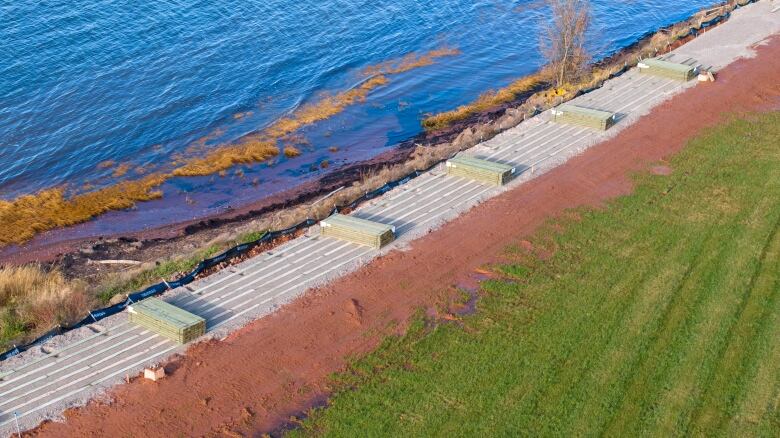 Piles of boards waiting to be constructed into the boardwalk. 