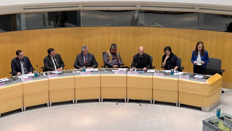 A group of people watch a woman give a speech. 