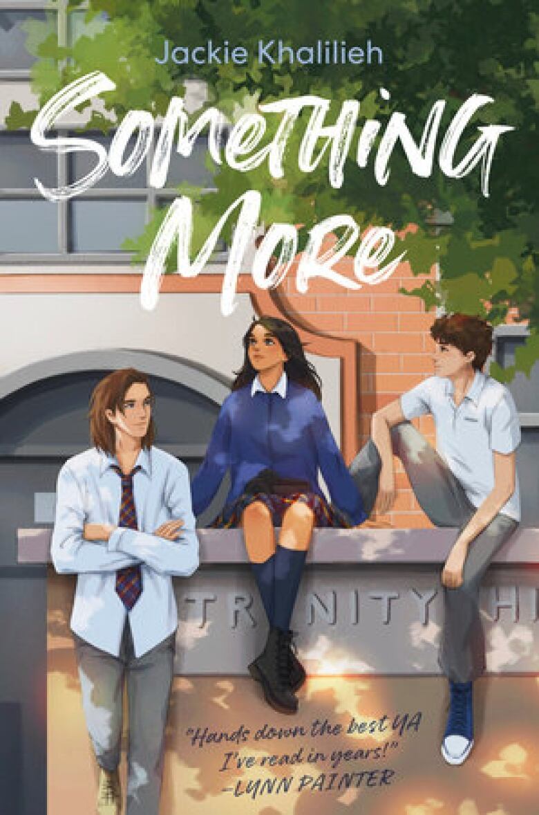 Something More by Jackie Khalilieh. Illustrated book cover of two boys and one girl in uniforms sitting on a ledge in front of a brick building and a tree.