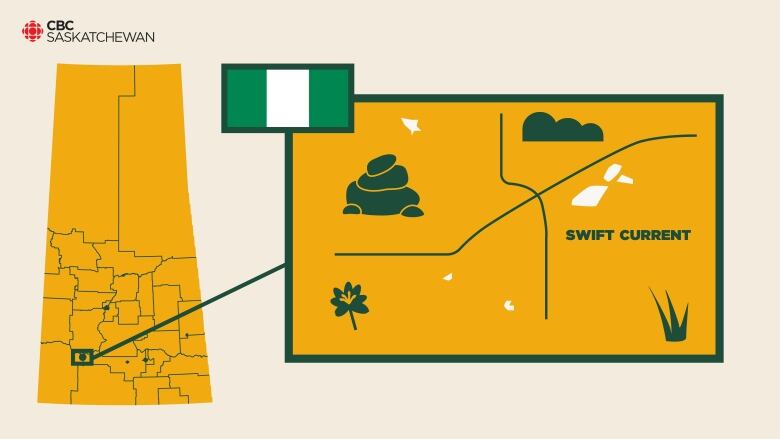 A map of Saskatchewan showing the city of Swift Current. 