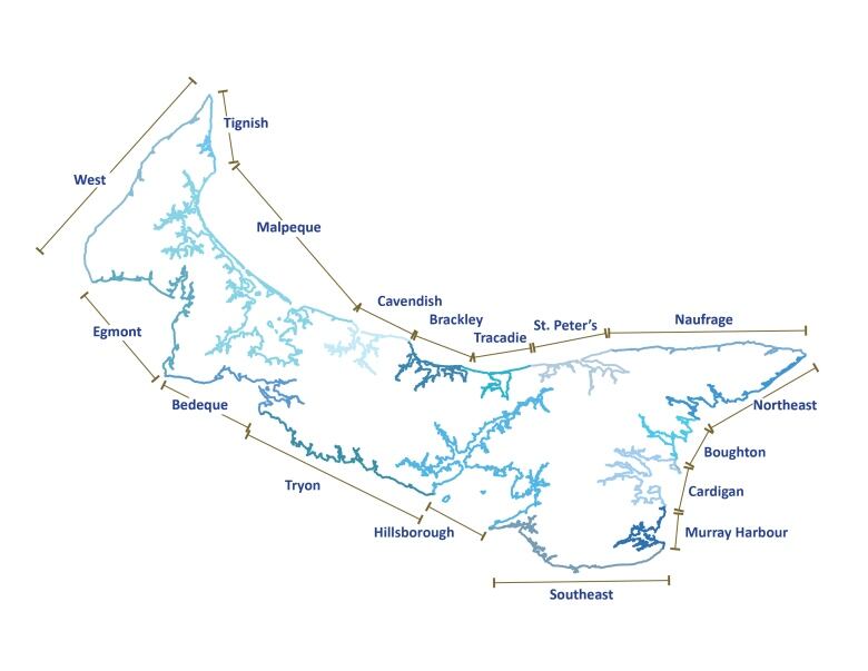 Map of P.E.I. showing 17 coastal segments.