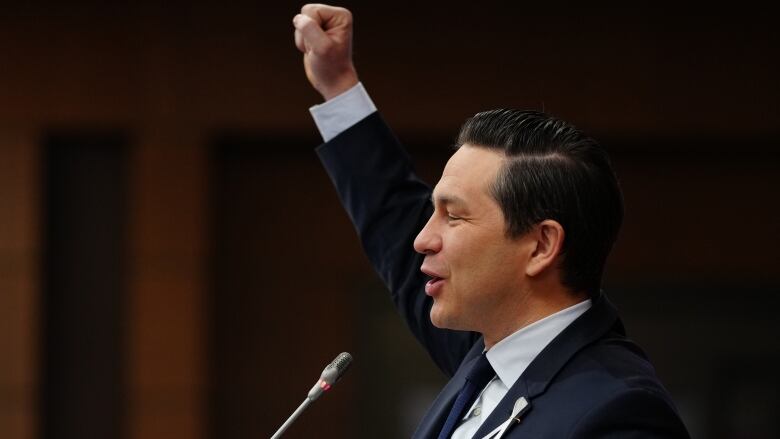 Conservative Leader Pierre Poilievre speaks at a caucus meeting in Ottawa.