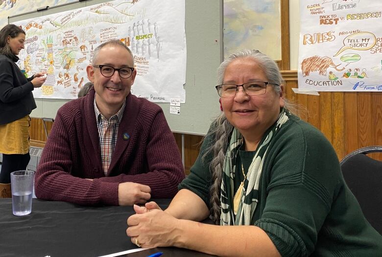 A man and a woman sit at a table in a large room with people and posters visible in the background.