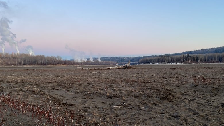 A sandy riverbed, with pulp mills visible in the background