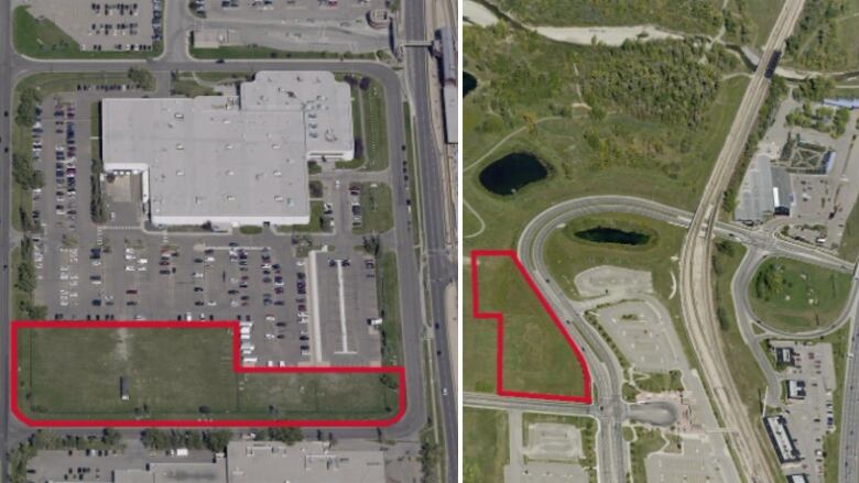 two images side by side show an aerial view of two places in calgary encircled by red boxes