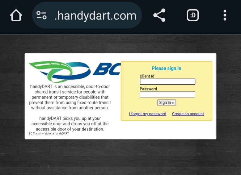 A screenshot of a web page on a mobile device. It says BC Transit at the top and has a table of small text below.