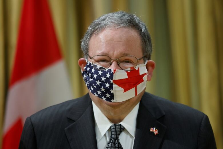 Cohen in glasses wears face mask with Canadian and American flags