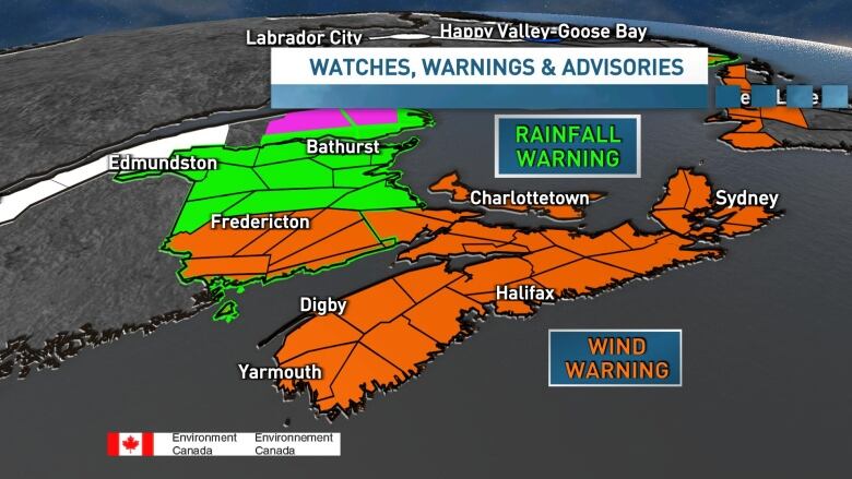 A map of Nova Scotia, Prince Edward Island and New Brunswick highlighting wind and rain warnings. All of Nova Scotia and Prince Edward Island are under a wind warning.