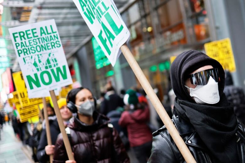 Pro-Palestinian protesters gather outside of the New York Times building. 