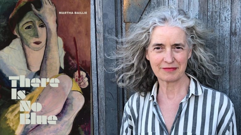 A woman with long grey curly hair looks ahead. A book cover of an abstract and colourful painting of a woman. 