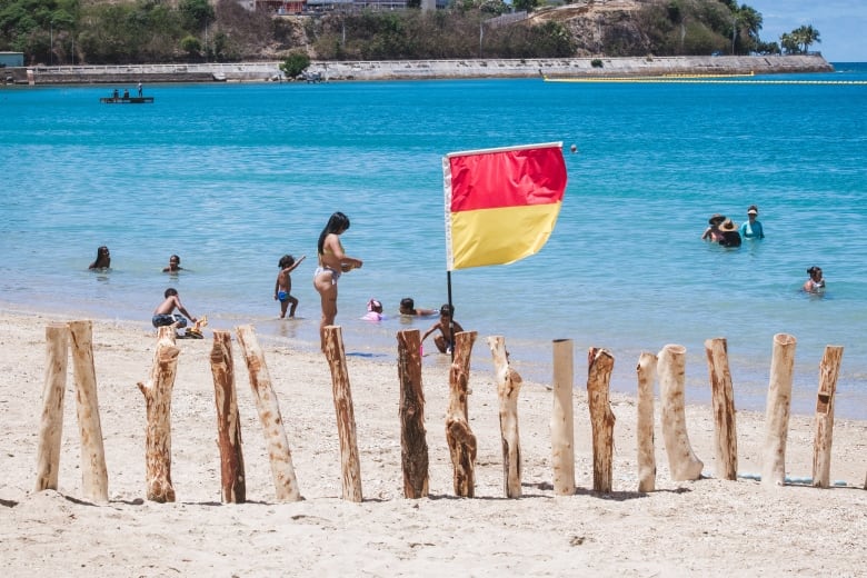 People swim at a beach in New Caledonia as the country's flag waves in the foreground.