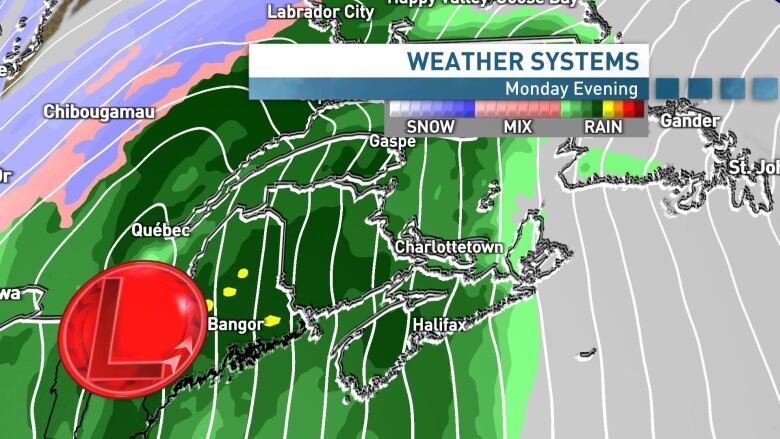 A precipitation grid shows the heaviest rainfall is destined for central New Brunswick.