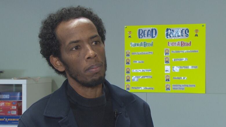 A man stands in a room with posters on the wall behind him. 