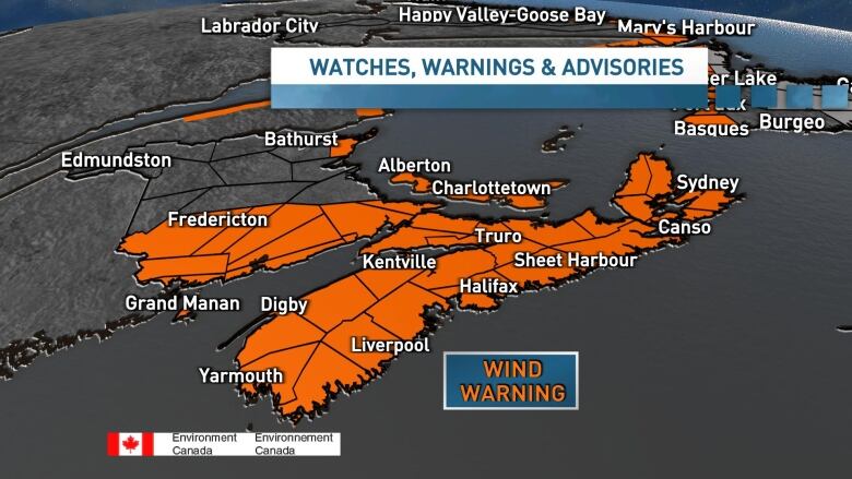 A map shows the parts of P.E.I., New Brunswick and Nova Scotia that have active wind warnings in place.