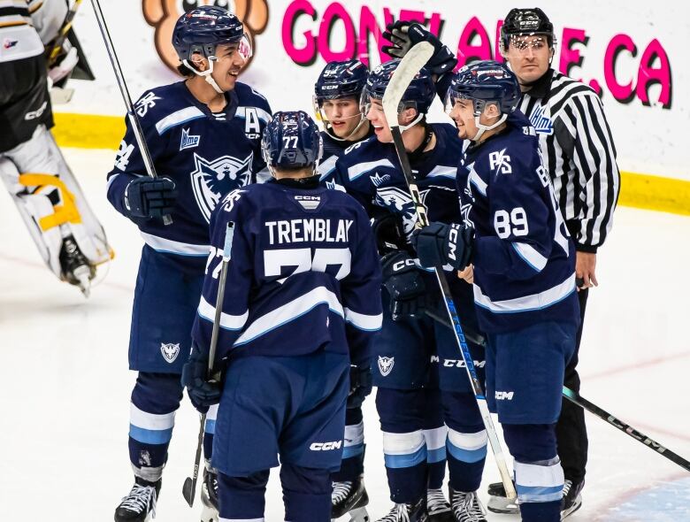 a group of hockey players in blue uniforms celebrating on the ice. 