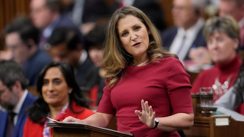 a woman in a red blouse speaks at a podium with people behind her.