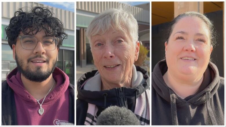 A collage of three photos of people outside a mall, two women and one man.