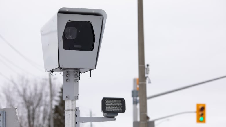 A roadside speed camera on a cloudy day.