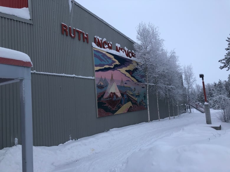 A building and a mural on a winter day.