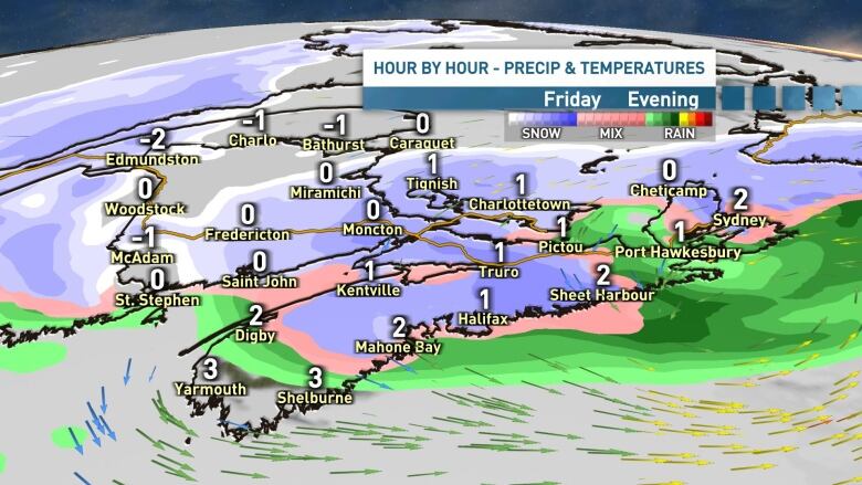 A map showing hourly expected precipitation and temperatures for Friday evening.