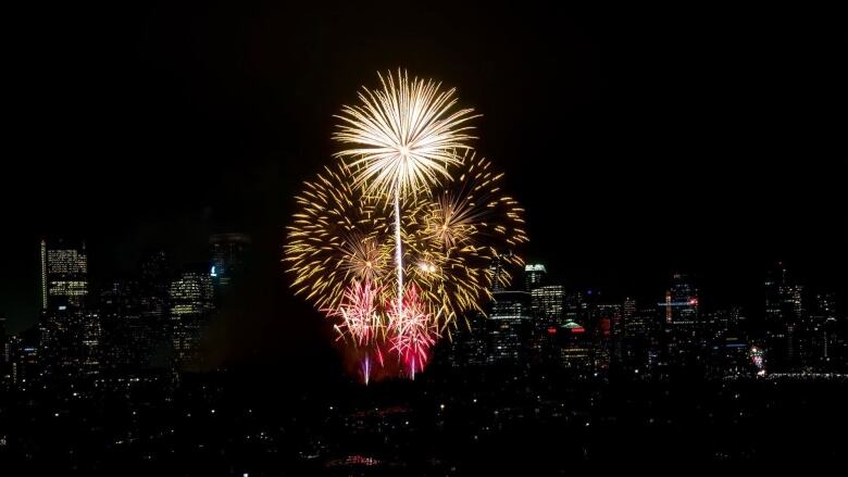 Fireworks explode in the night sky above a city skyline.