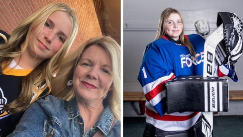 On the left is a photo of a smiling girl wearing a hockey jersey with her mom next to her. Right is a photo of the girl wearing goalie equipment.