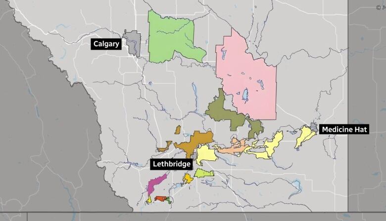 A map is shown that pictures Alberta's 13 irrigation districts.