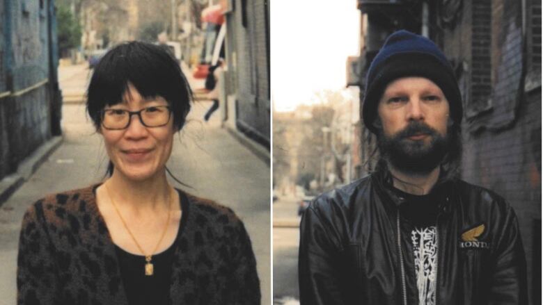 An Asian woman with glasses smiles at the camera. A white man with a beard wearing a navy beanie looks at the camera. 