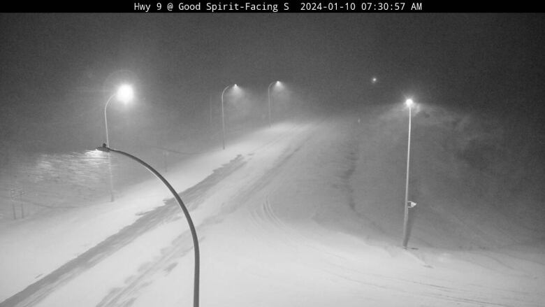 Snow falling on Highway 9 in Saskatchewan on Wednesday morning.