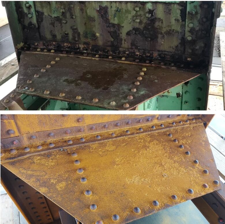 The top photo shows a small metal section with patchy green paint and rust. The bottom photo shows smooth, orangey-coloured steel