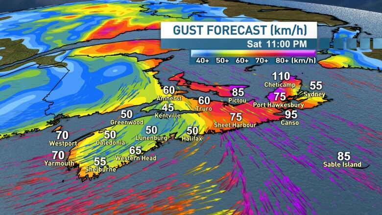 Wind gust map for Saturday night.