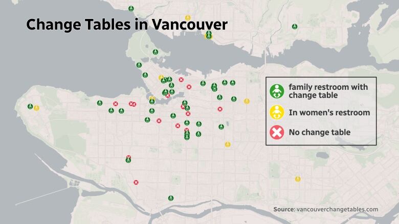 A map of Vancouver with green, red and yellow dots on it. Those dots represent change tables, no change tables, and change tables in womens' washrooms only, respectively.