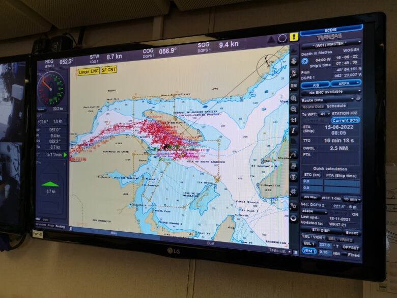 Computer screen showing areas tested in the Gulf of St. Lawrence.