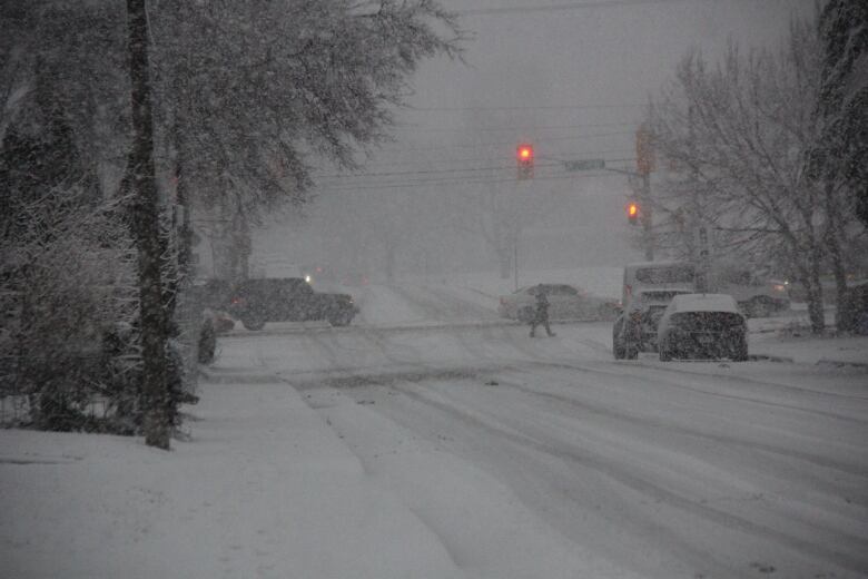 A pedestrian crossing at a dark and snowy intersection.