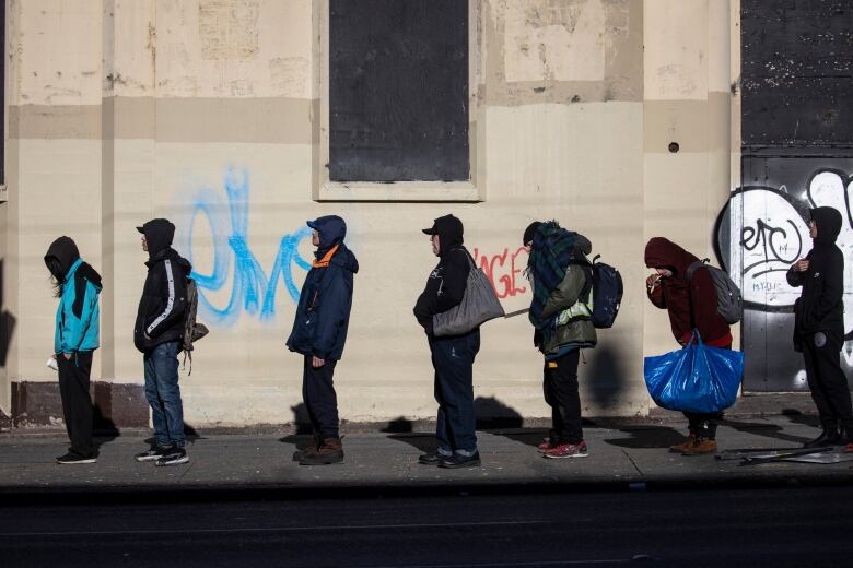 people line-up on the sidewalk