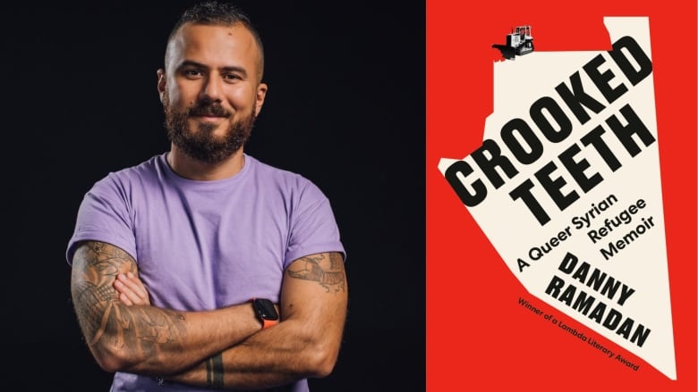 A Syrian man wearing a purple shirt crosses his arms and smiles at the camera. A red book cover with an abstract white pointed tooth.