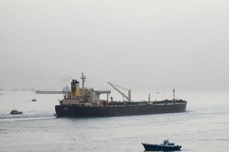 A commercial ship transits the Suez Canal.