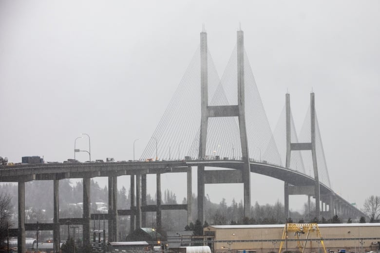 A large bridge is pictured with a lineup of vehicles on it during a period of snowy weather.