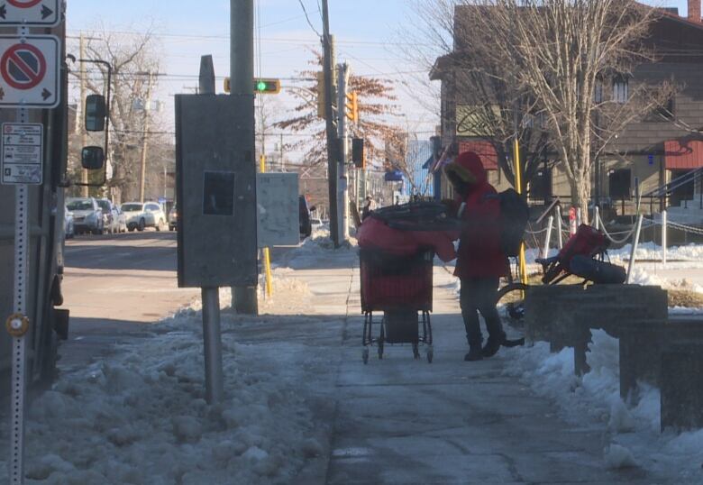 Person hunched over shopping cart with two bikes