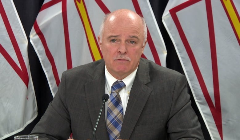 A man in a grey suit sitting at a table. Flags are hung behind him. 