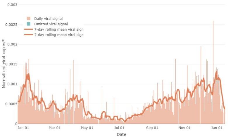 A chart of the level of coronavirus in Ottawa's wastewater since January 2023.