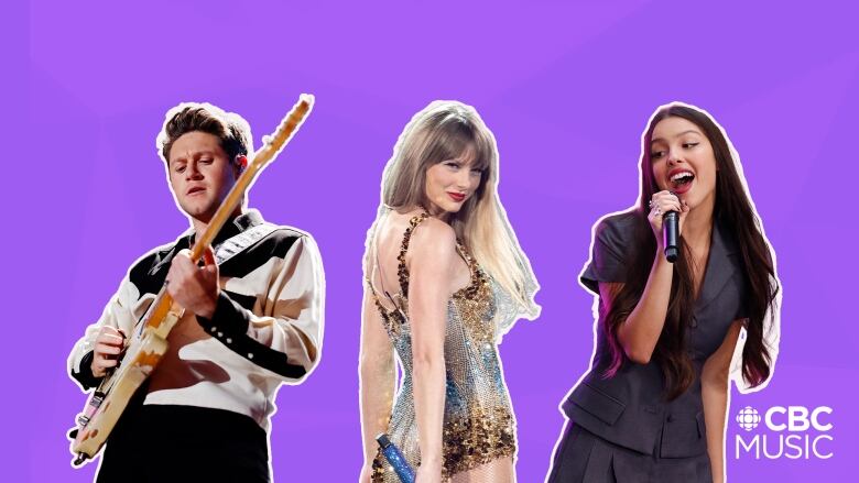 Niall plays a guitar while wearing a white jacket and black pants, Taylor smiles over her shoulder in a jeweled bodysuit and Olivia sings into a microphone