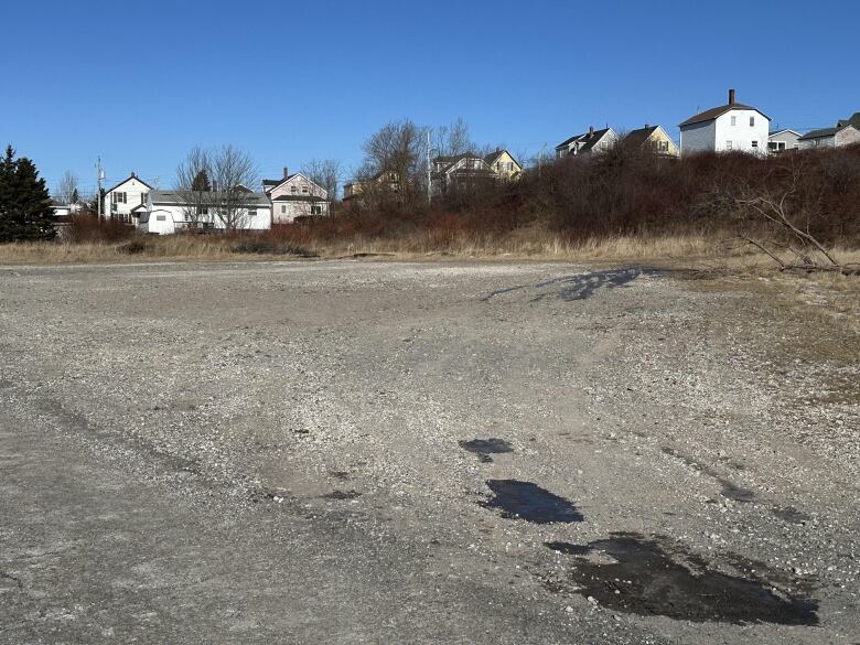 A bare, vacant lot with houses in the background.