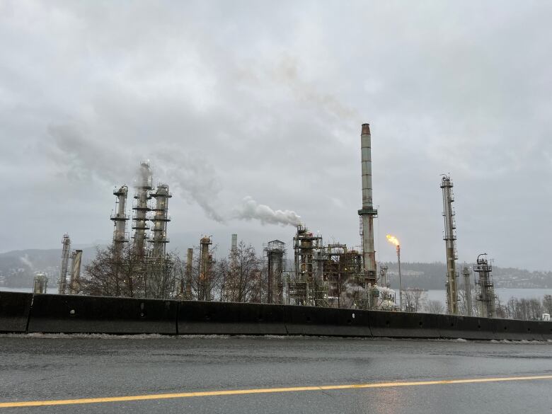 A large oil refinery spouts smoke amid a cloudy day.