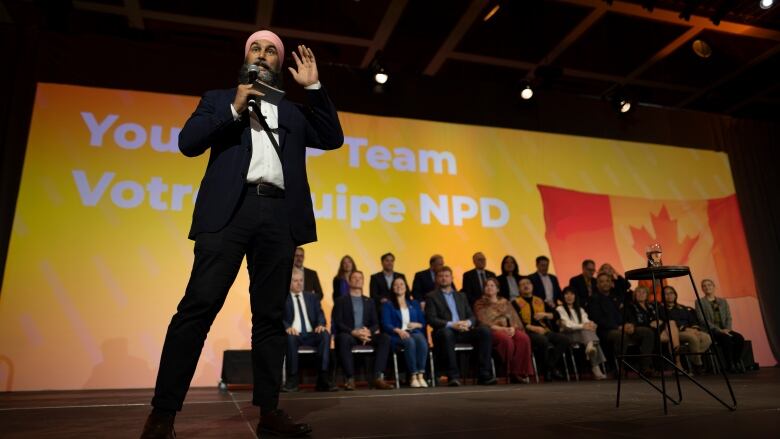 NDP Leader Jagmeet Singh moderates a showcase question and answer session with his caucus at the NDP Convention in Hamilton, Ont. on Friday, October 13, 2023. THE CANADIAN PRESS/Peter Power