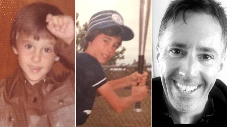 A triptych showing a brown-haired young child grinning at the camera, an older child holding a baseball bat, and a adult man smiling broadly.