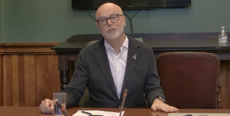 Bald man with glasses and beard, in an open shirt and business jacket, speaks in front of a microphone at a conference table. 