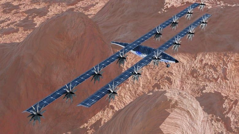 An illustration of an unmanned plane, with long wings covered in solar panels, flying over Martian terrain.