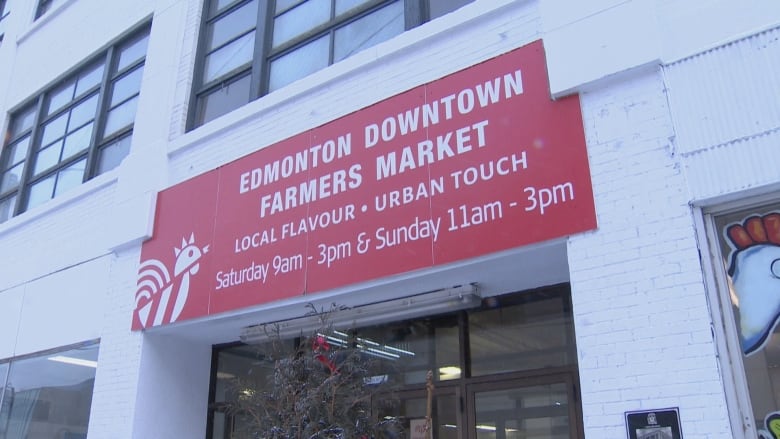 A red and white sign above a store-front door.