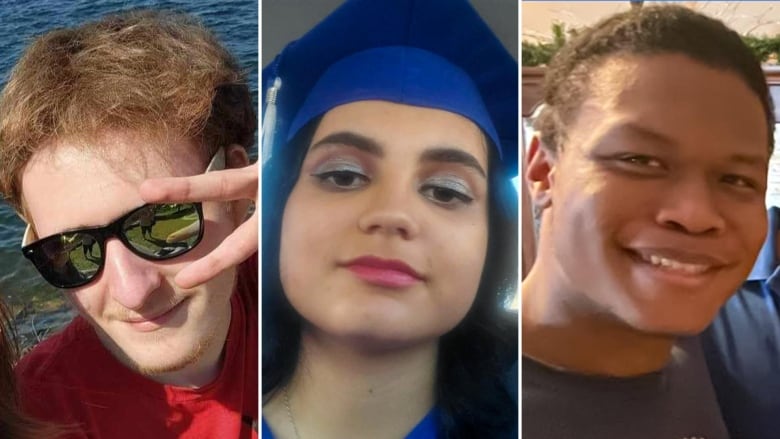 A young man wearing sunglasses, a young woman wearing a graduation cap and a young man smiling